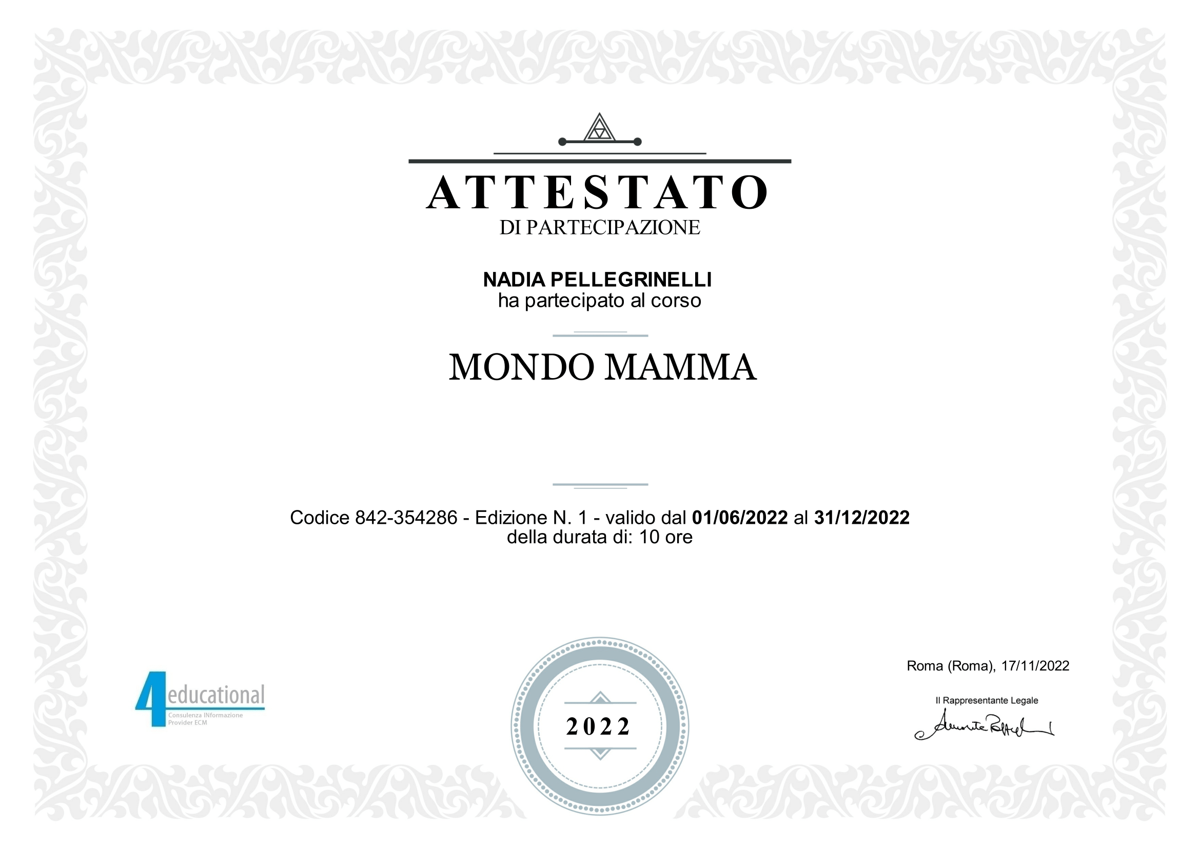 Immagini di tutti i prestigiosi certificati ottenuti da Nadia Pellegrinelli in Ambito nutrizionistico e Sportivo